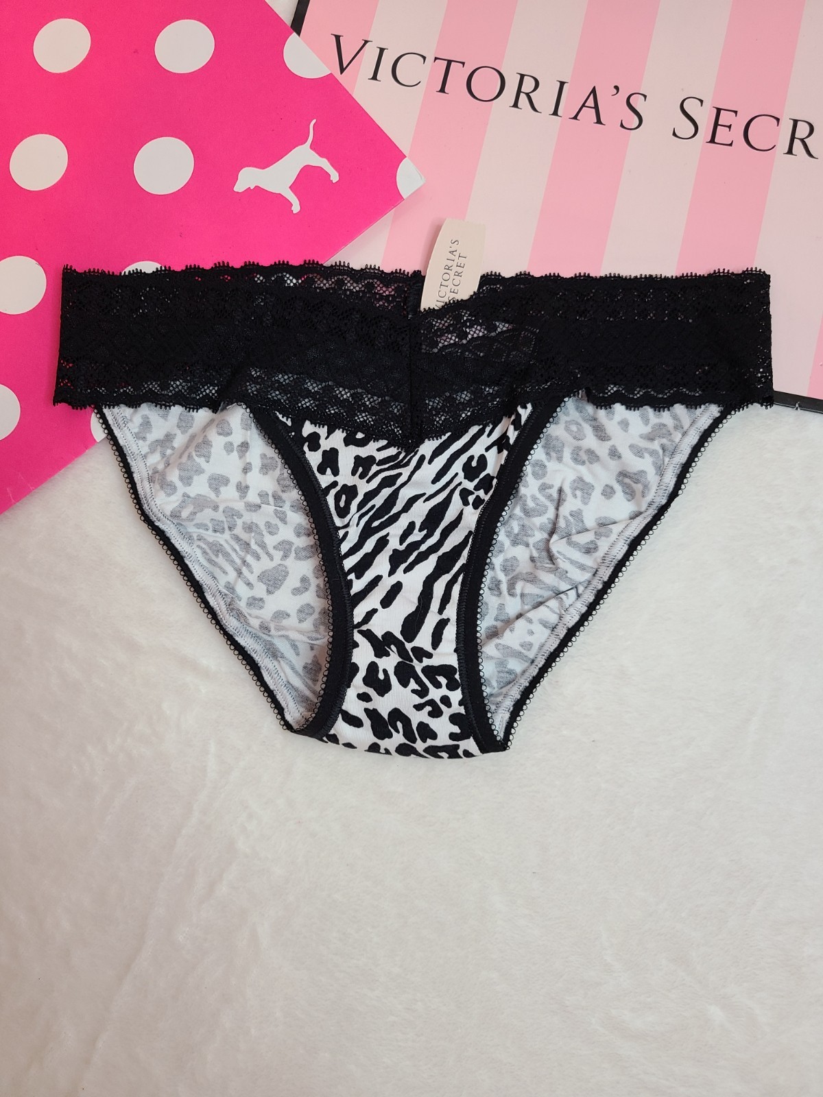 NWT Y2K Victoria’s Secret Lace Waist Cotton Low Rise Bikini Panty Size XS Animal