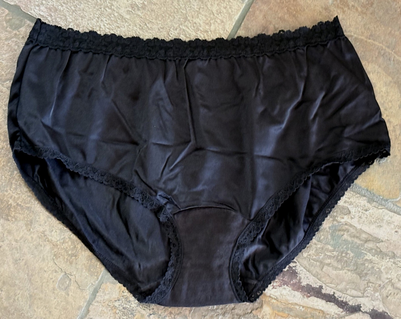 COTILLION 8/XL BLACK Hi Shine SATIN All Nylon Lace Trim Brief Panties NWOT VTG