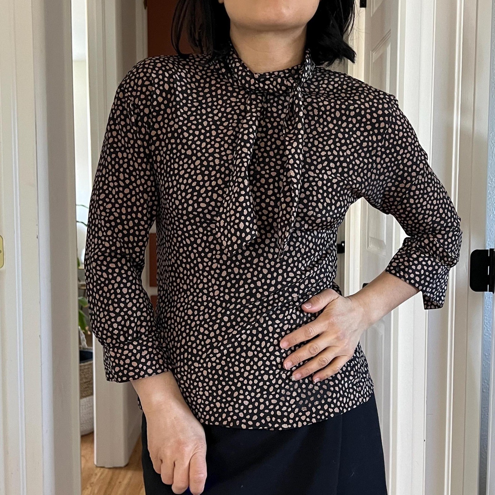 vtg 80s animal spot XS cravat button down blouse brown black neutrals