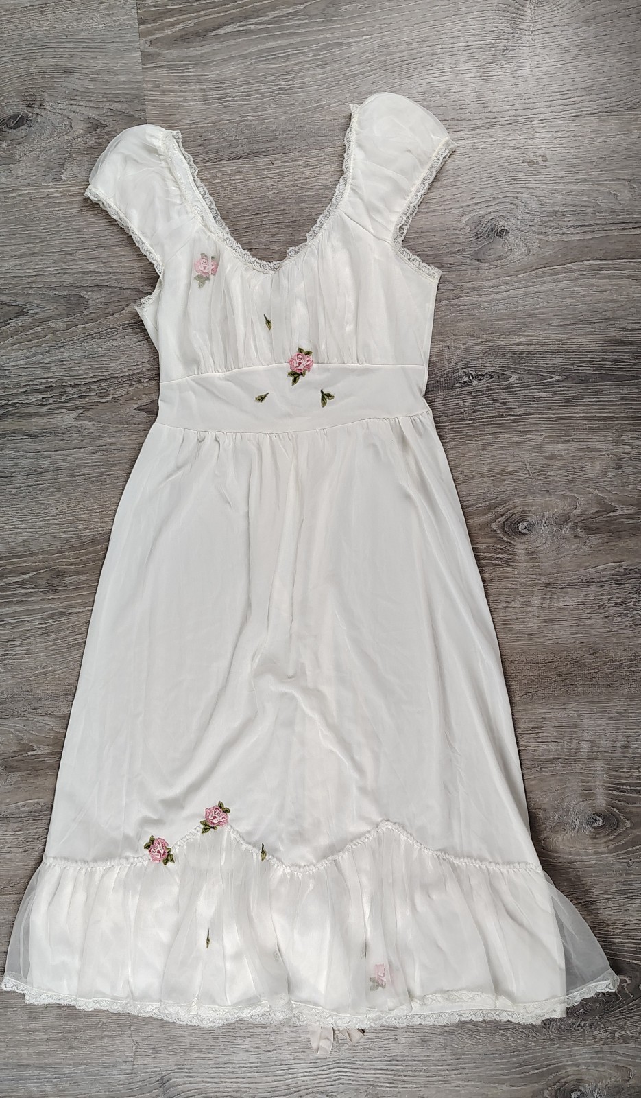 Vtg Laros Peignoir Set Nightgown Robe White Lace Rose Appliques Large 34 USA