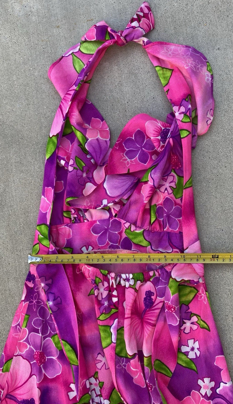Vintage Pomare Hawaii Acrylic Hawaiian Halter Dress Ruffle Top Tiki Aloha Pink