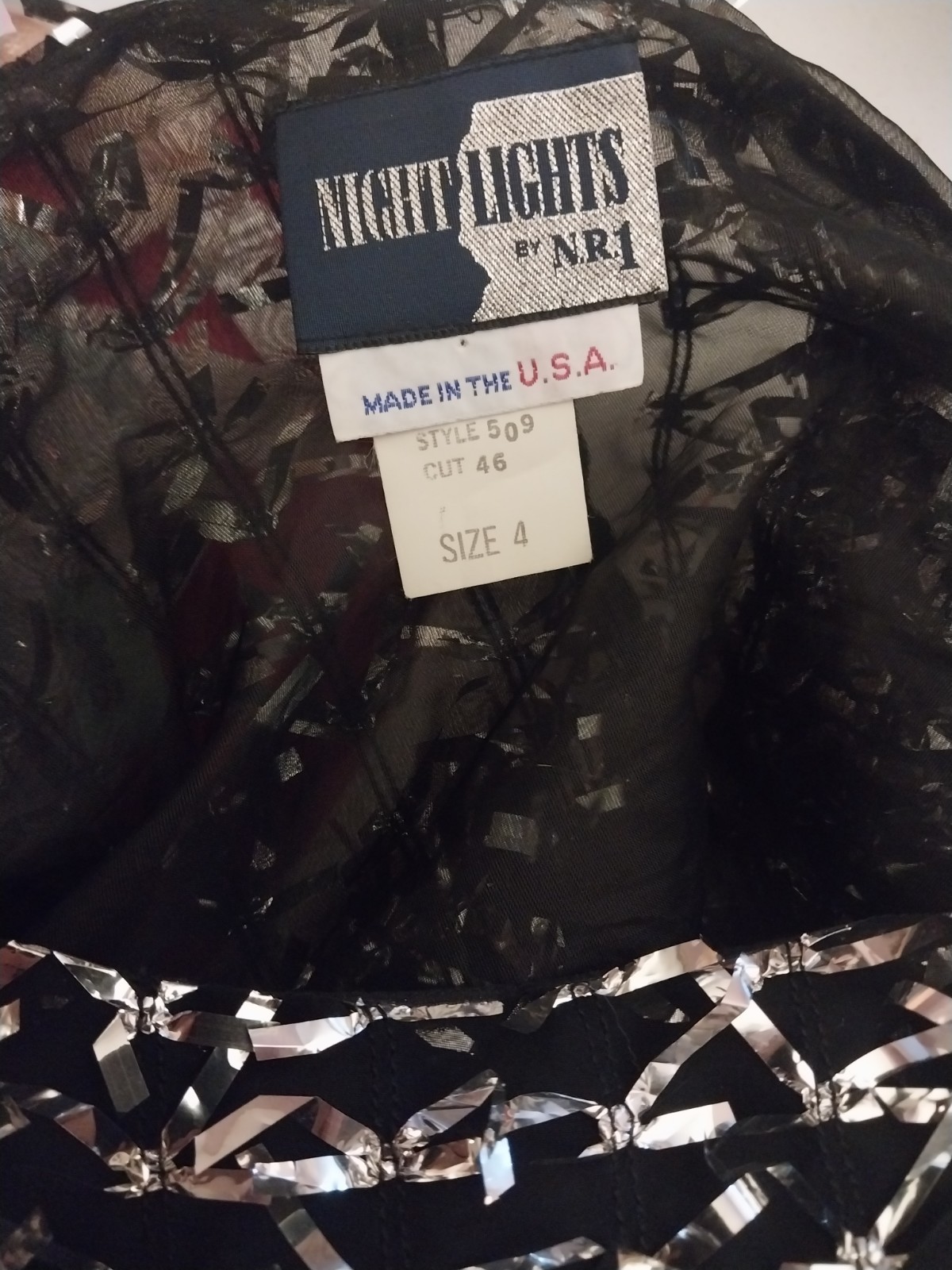 VTG NR1 NITE LIGHTS 80S SILVER FOIL BOWS BLOUSE SHEER CHIFFON BURLESQUE AVANT L