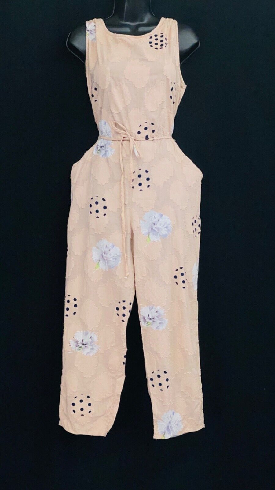 Vintage 1980s cream cotton jumpsuit, floral polka dot keyhole sleeveless romper