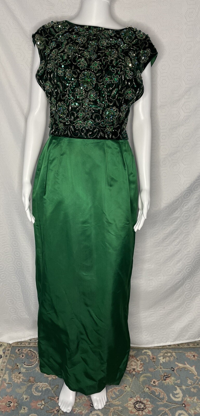Vintage 60s Beaded Satin Velvet Gown Dress Pat Sandler For Highlights Green S