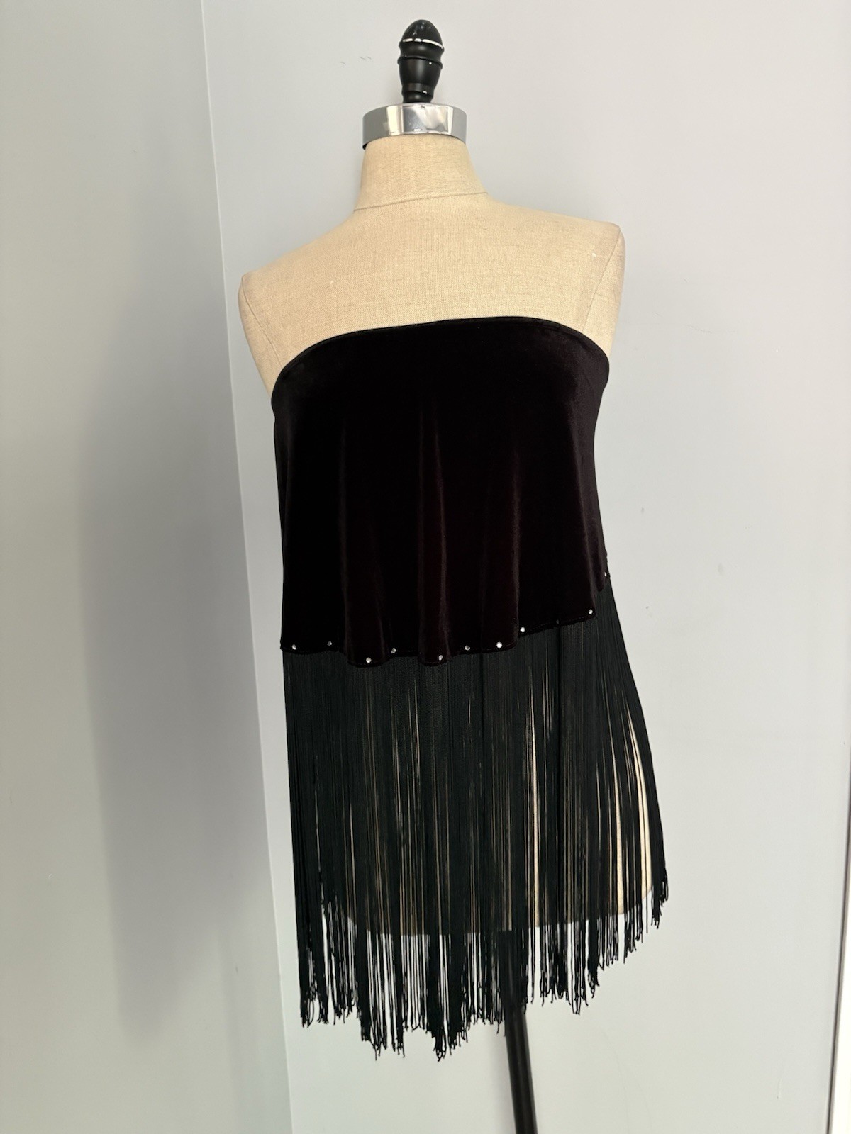 Vintage 90s Y2K Velvet Fringe Mini Skirt Strapless Top Mall Goth Club Boho Bling