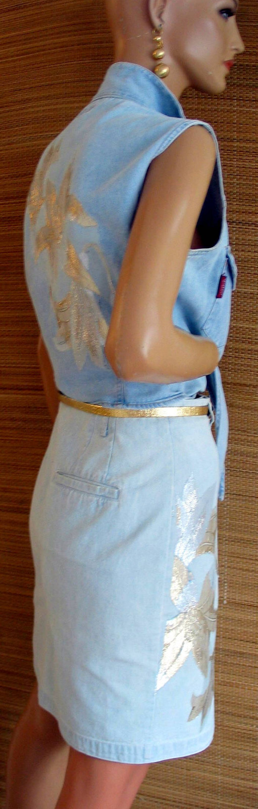 Embellished matching VTG denim Gap skirt and jeans + Union Bay vest set, sz S/M