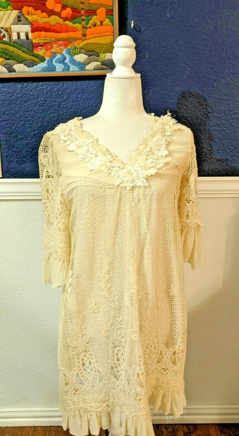 VTG Pretty Angel Beige Embroidered Beaded Lace Silk Boho Tunic Dress Sz Medium M