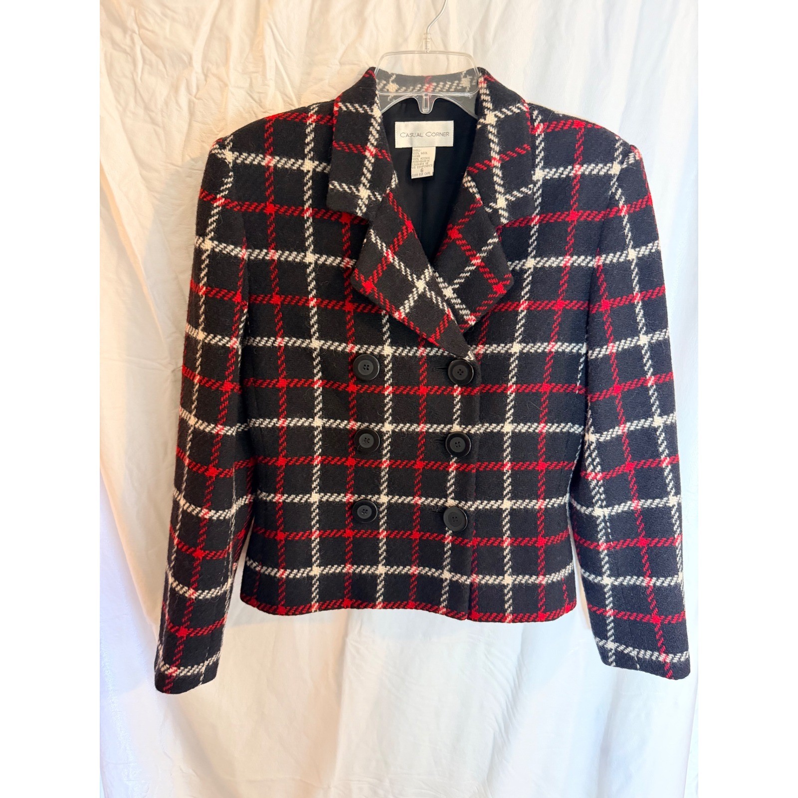 Casual Corner Vintage 100% Wool Plaid Blazer Red Black White Double Breasted 6