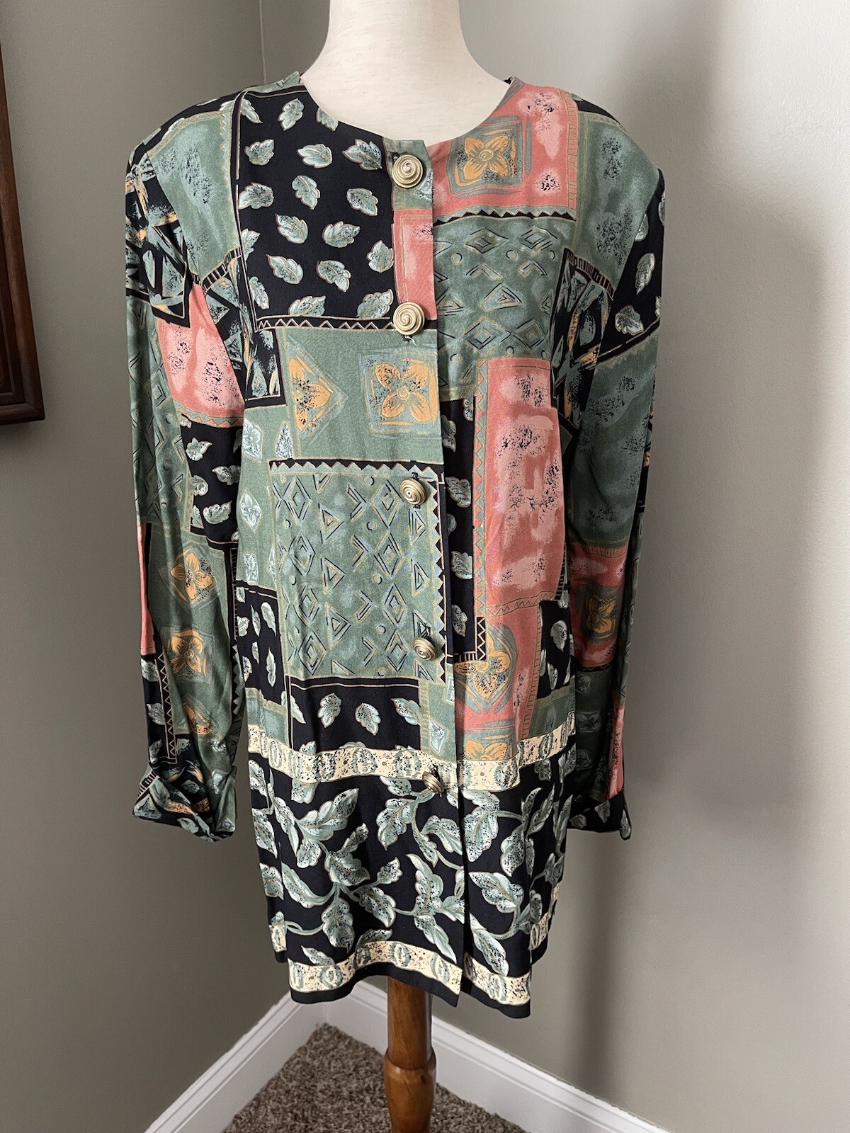 Vintage 80s 90s Shoulder Pad Patchwork Style Button Up Top Gold Spiral Buttons