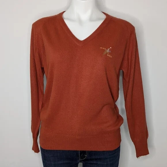 Vintage Lady Pickering Otter Creek brown orange long sleeve v neck sweater L