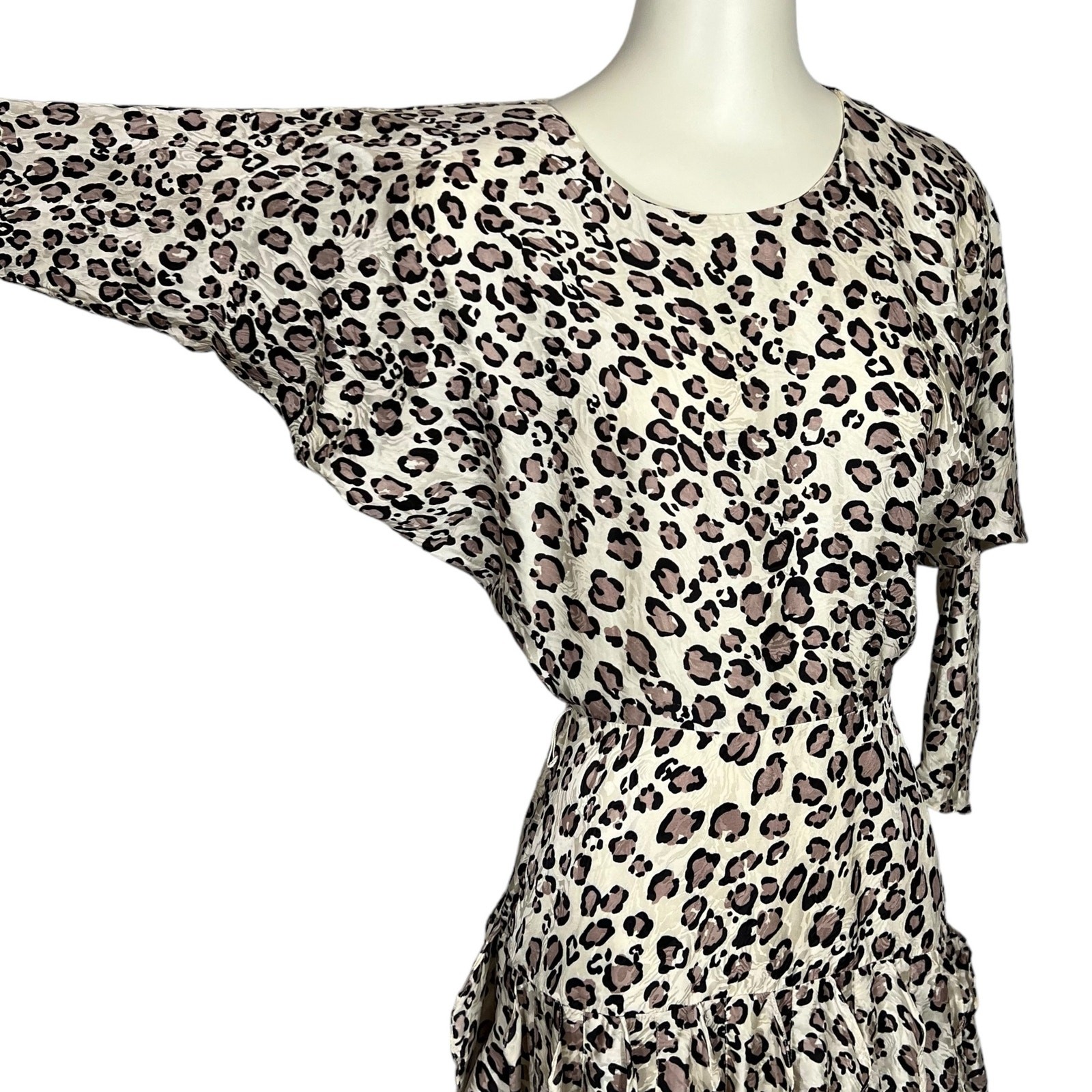Vtg Lauren Alexandra XS 100% Silk Dress Leopard-Print 80s Knee-Length Dolman