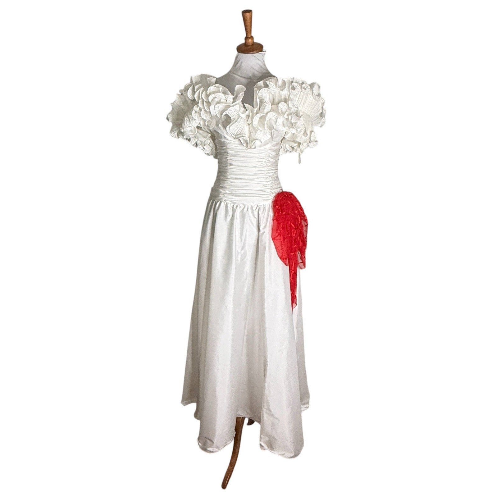 Vintage 80s Alyce Designs White Taffeta Ruffle Prom Formal Dress XS