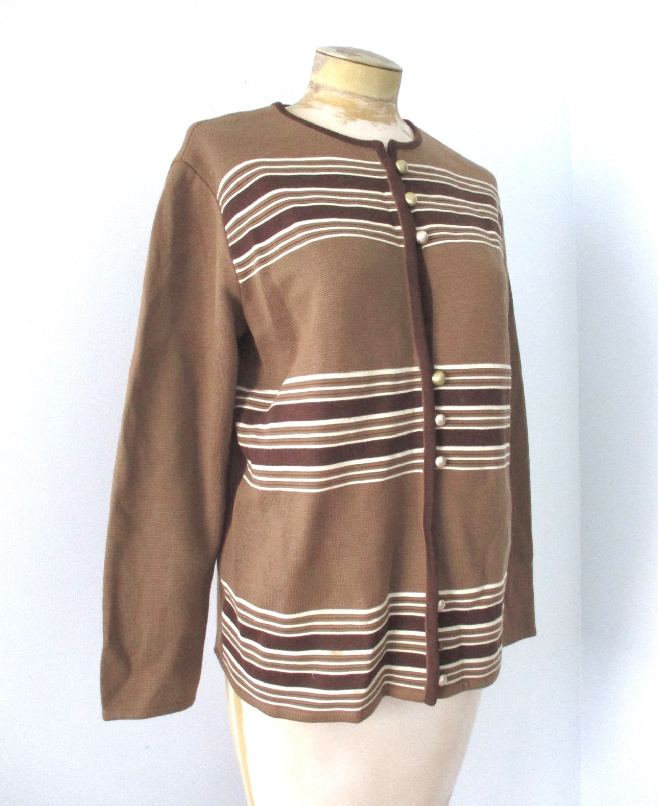 Vtg 60s mod Gina Teresa brown stripe wool acrylic knit button jacket M