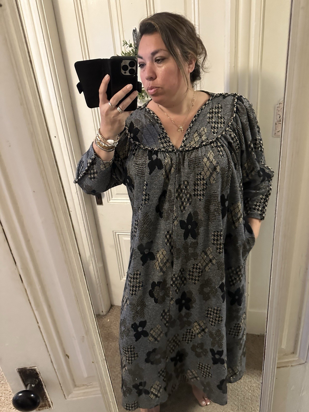 Stunning David Brown, 1970s metallic balloon sleeve houndstooth flower dress