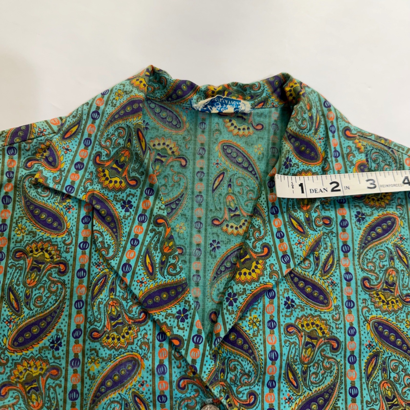50s 60s Crop Top Teal Paisley 3/4 Sleeve Tie Hem Sz 32 DISTRESSED AS IS