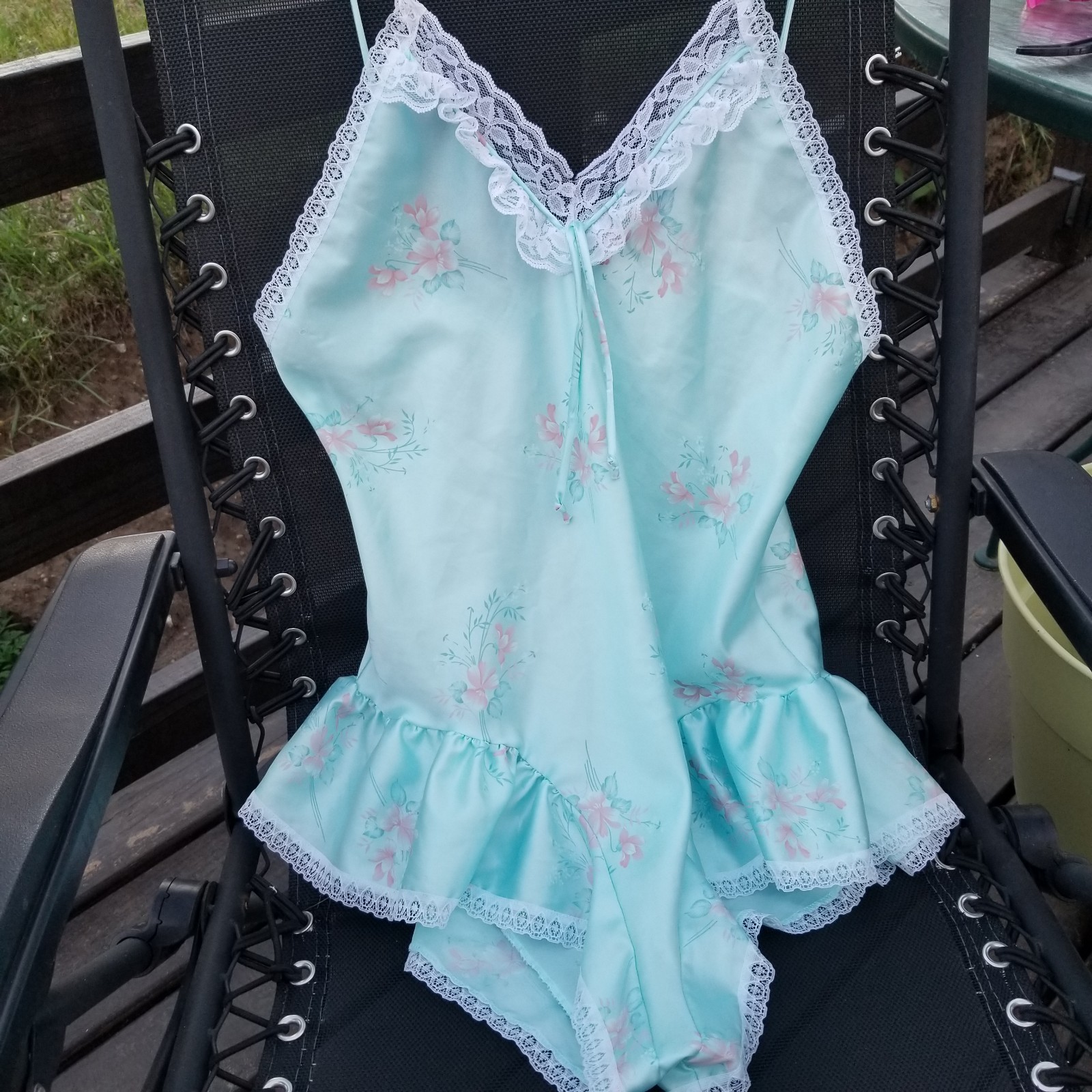 Miss Diva New York Vtg 80s Ruffled Teddy One Piece Nightie Blue Pink Floral M