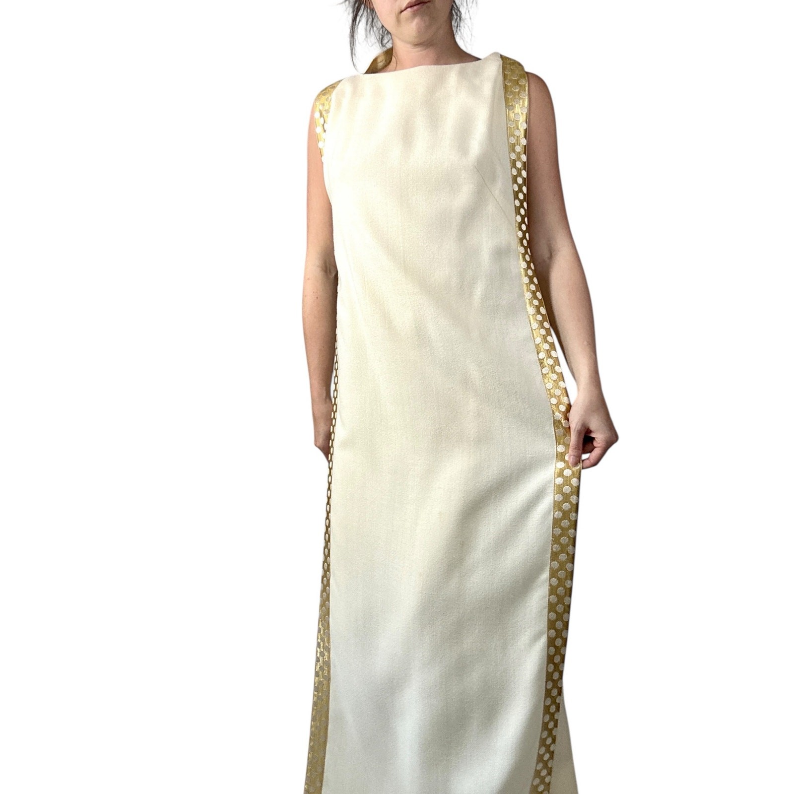 Vintage 1960s White Wool Jumpsuit Peer Label Metallic Gold Polka Dot Cape Mod
