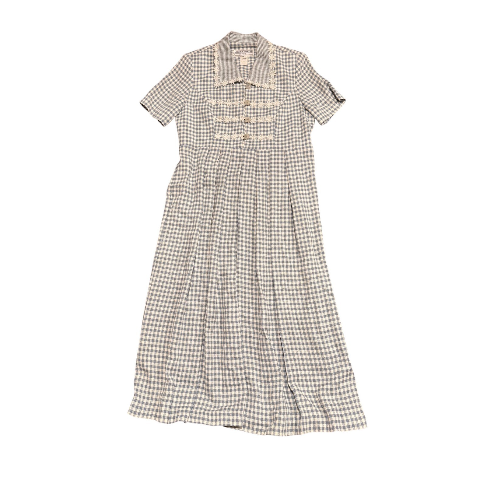 Jessica Howard Petite Vintage Gingham Lace Trim Midi Dress Blue White Size 8P