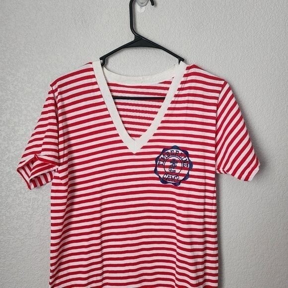 VINTAGE 70s TIMBERLINE CAMP Red White Stripe Tee Dress V Neck Sailor Nautical S