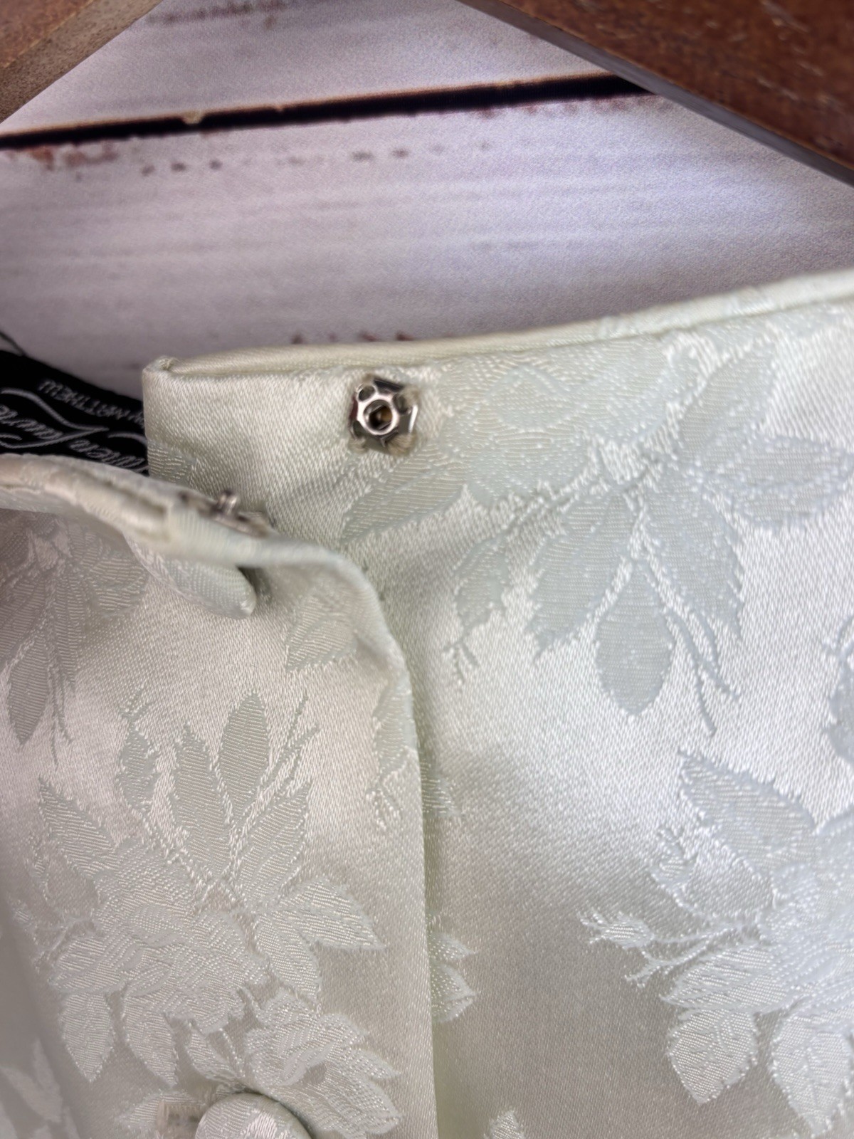 Vintage 80s Formal Top S/M Beaded Damask Ivory Strong Shoulders Fitted Glamour