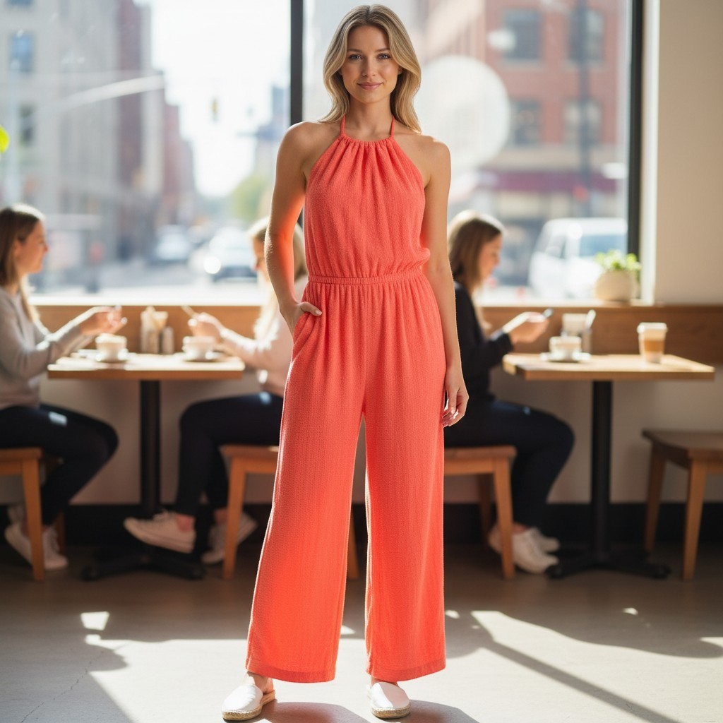 VTG JCPenney Jumpsuit Womens Large Orange BOHO Halter Wide Leg 70s