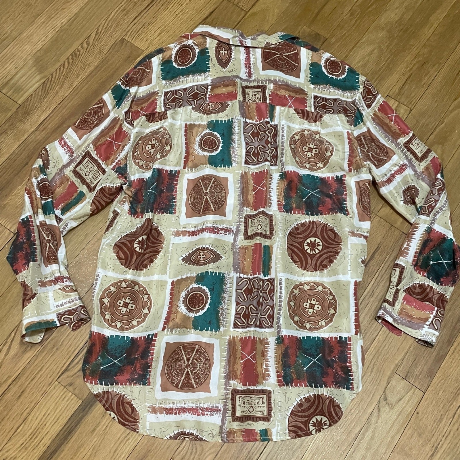 Two Twenty Women’s M Vintage 80s 90s 100% Silk Patchwork Button Down Shirt Brown