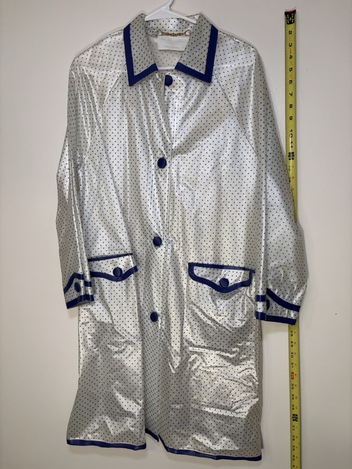 Vtg 60s Atomic Mod Lady Chesterfield Polka Dot Vinyl Raincoat & Cap Set L 14/16