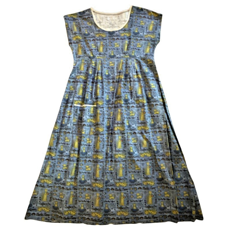VTG Handmade Cats Coffee Print House Farm Dress Womens L CHARMING Fabric Retro