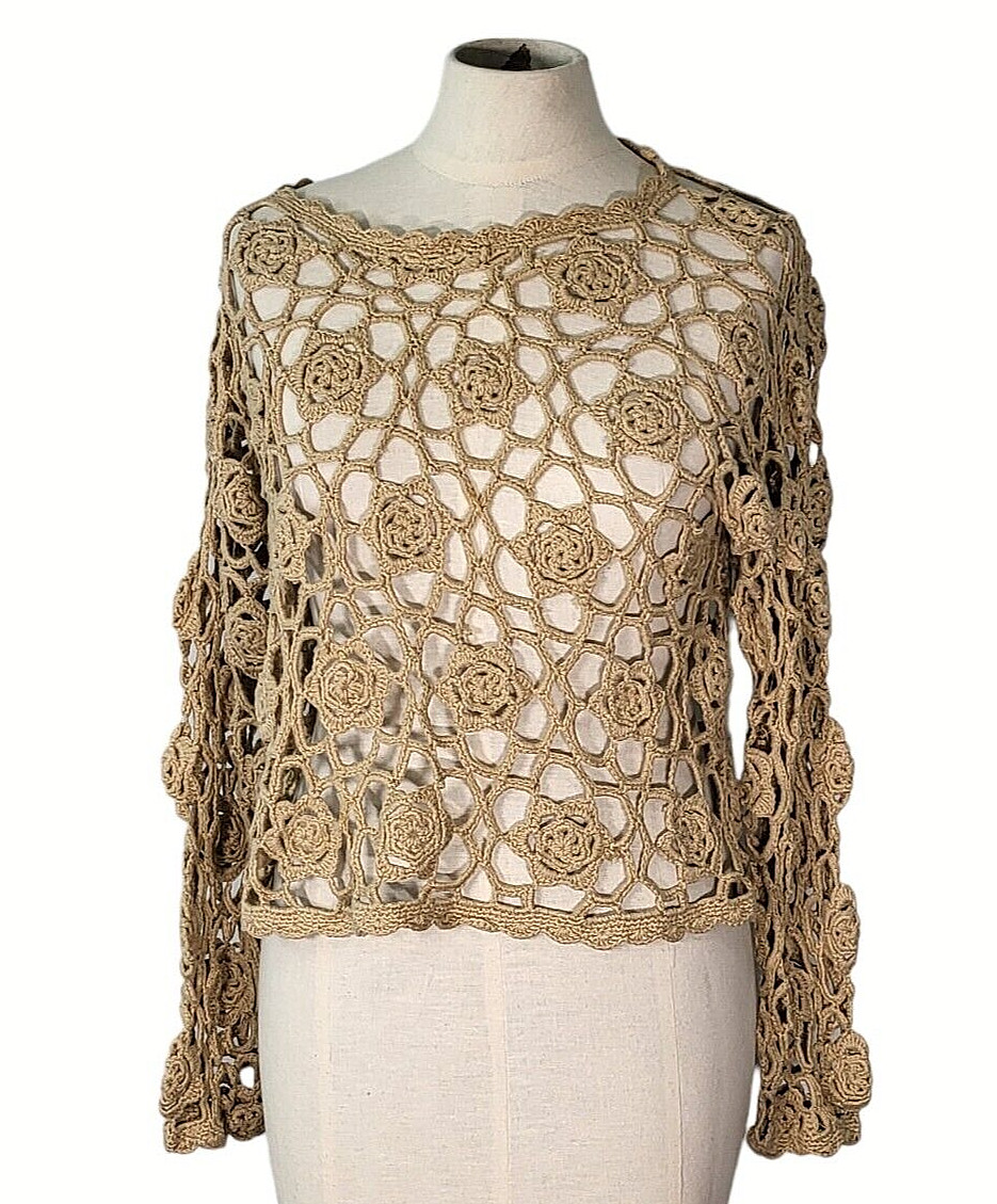 Vintage Cherry Stix Hand Knit Sweater Womens One Size OSFA Roses Floral Beige
