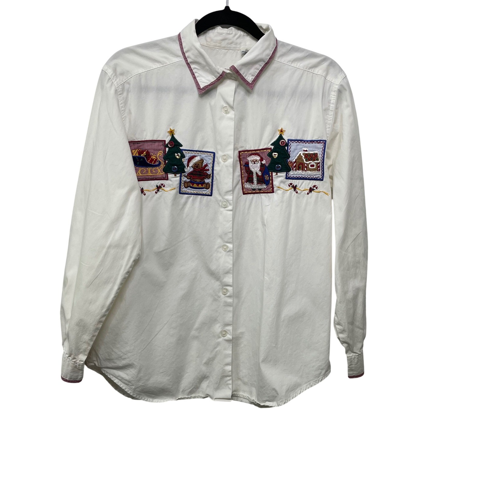 Vtg 90 Christmas Holiday Embroidered Button Down Shirt White Size S Cottage Gram