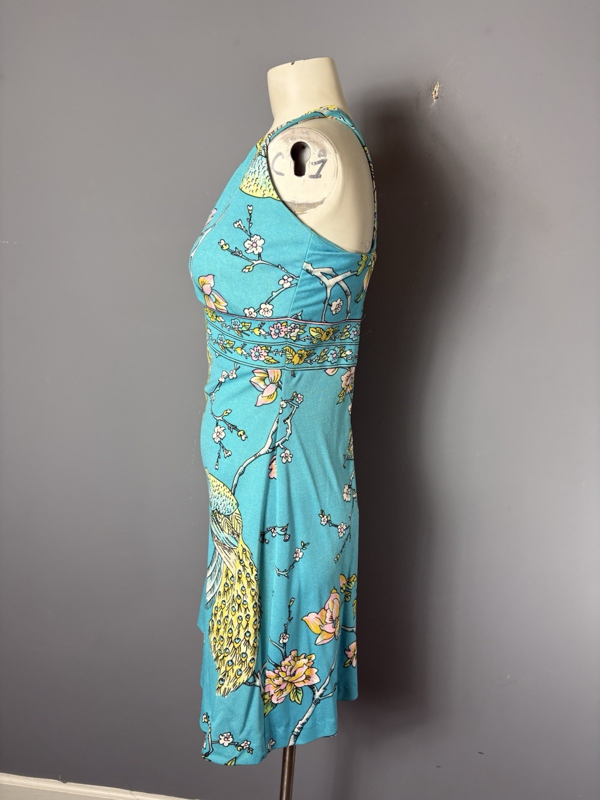 Vintage 70s Womens S Handmade Polyester Peacock Print Sleeveless Mini Dress