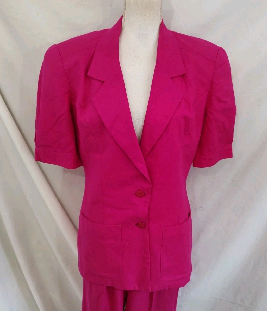 80’s Vintage 100% Silk Pants Suit SK & Company Hot Pink Short Sleeve Sz 10