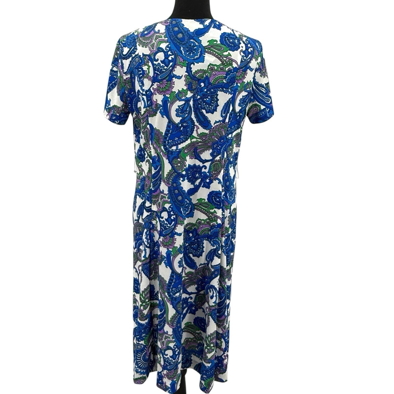 Shelton Stroller Dress Women 60s White Blue Paisley Print Flower Front Zip