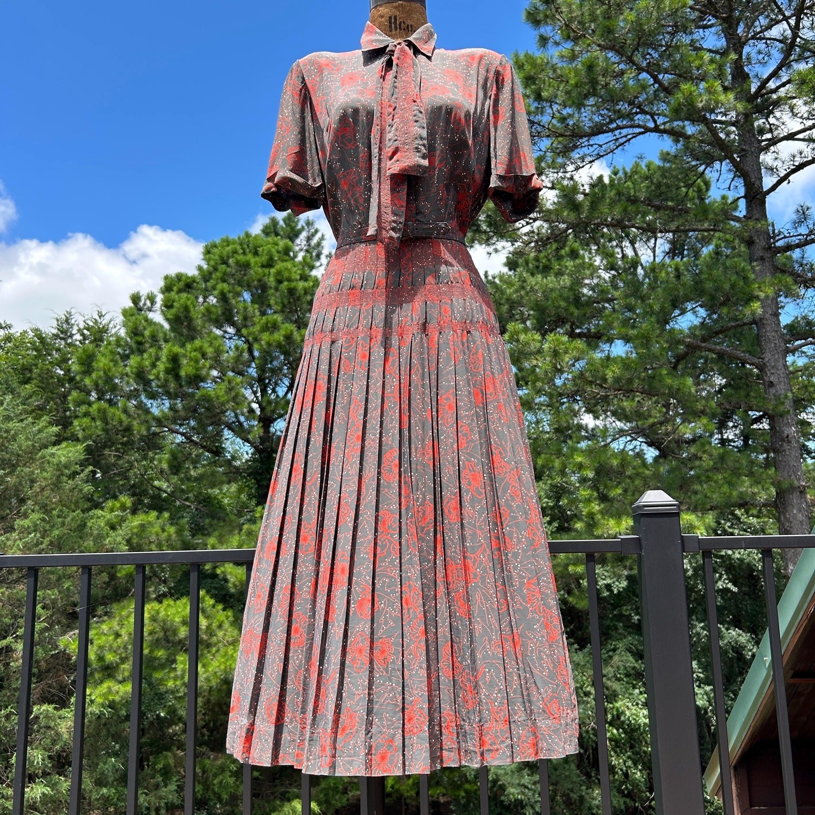 Vintage 40s Novelty Floral Rayon Necktie Pleated Midi Dress + Belt