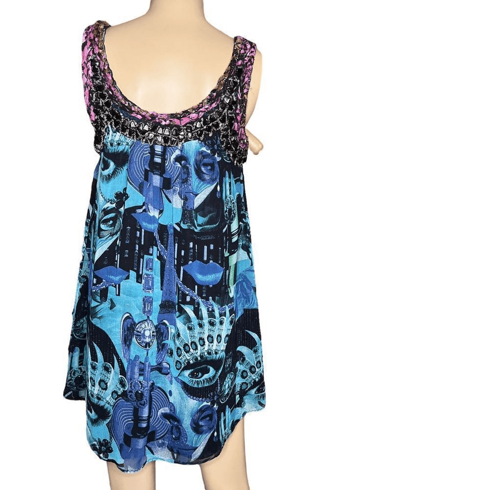 Custo Barcelona Silk Blend Beaded Tunic Dress Abstract Print Blue Size 36 XS (08