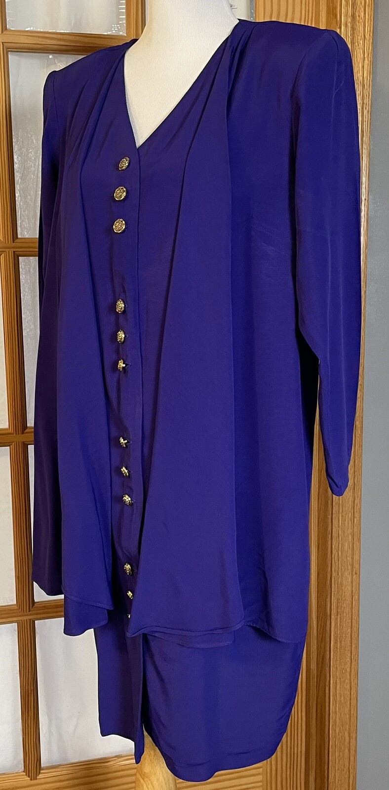 80s Luci Pellini Built-in Jacket Dress Sz 14 Purplish Blue Button Up USA Formal