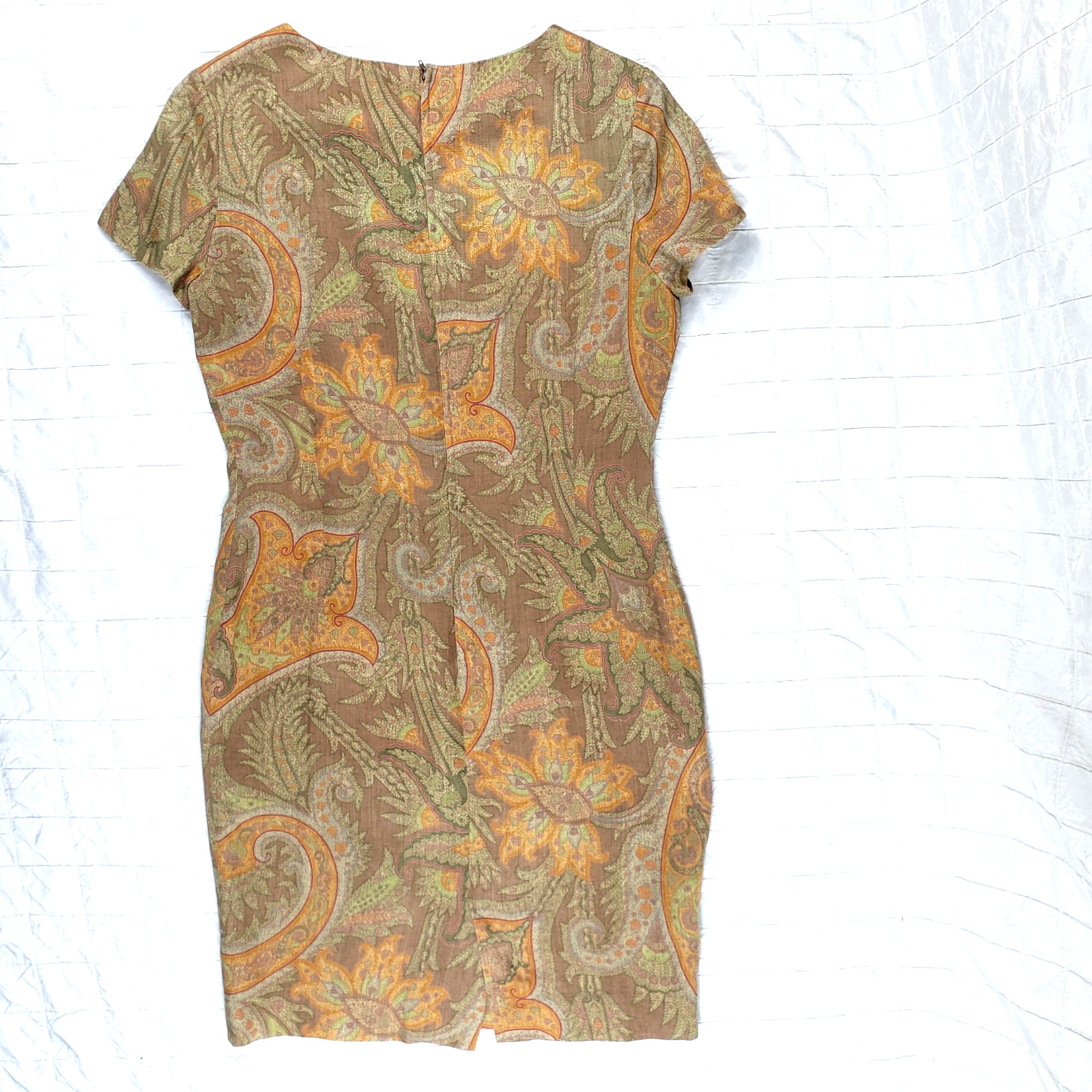 VTG Scapa of Scotland Brown Paisley Sheath dress 70s Secretary Sz SMALL (Tag 38)