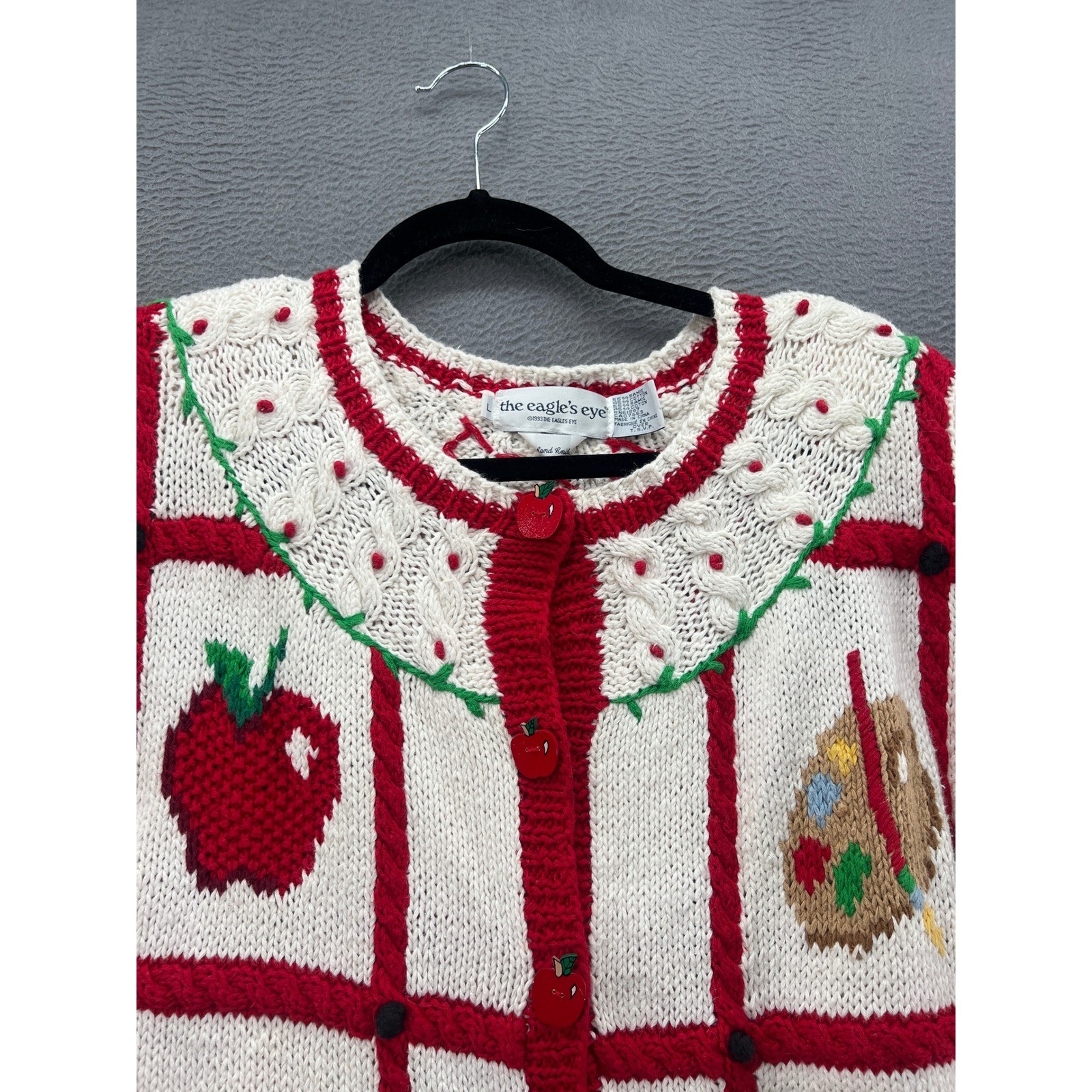 Vintage The Eagle’s Eye Hand Knit Teacher School Cardigan Sweater Cream Red 1993