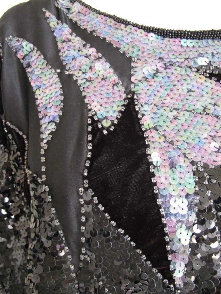 Vintage Silk Beaded Sequin Batwing Top M 80s Blouson Black Velvet Three Flaggs