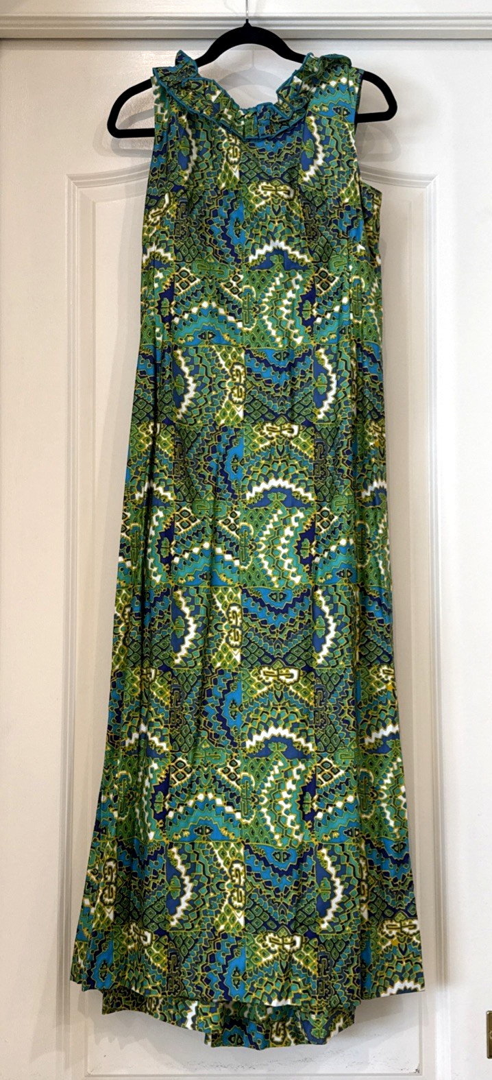 VTG Rhapsody By Glazier Dress Sleeveless Green Blue Geometric Maxi Dress Sz M