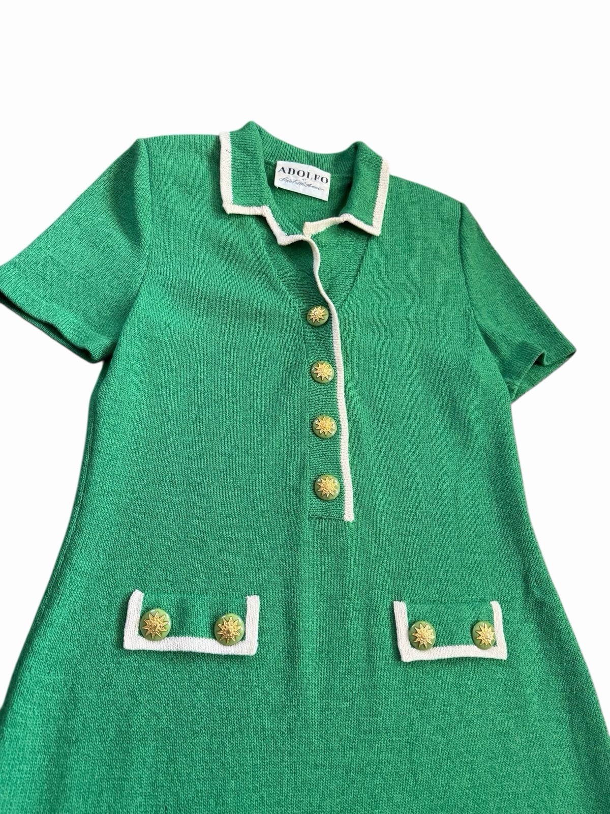 Adolfo vintage green knit polo dress with white trim and gold-tone buttons