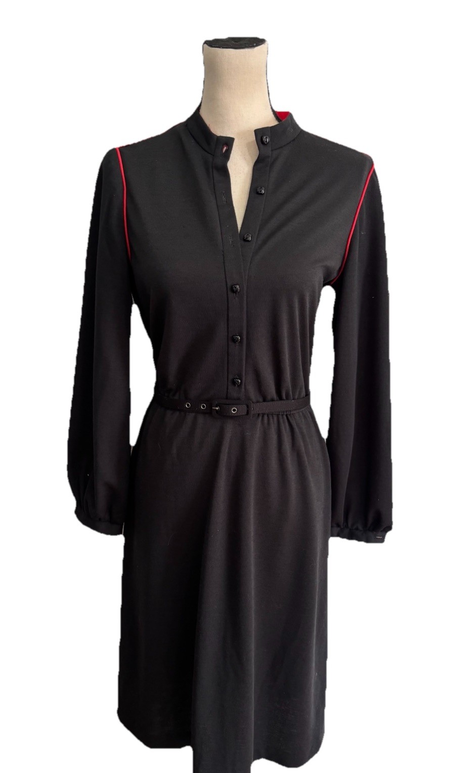 VINTAGE CHECKABERRY 1970’S Dress Black With Red Trim Belted Long Sleeve Size 10