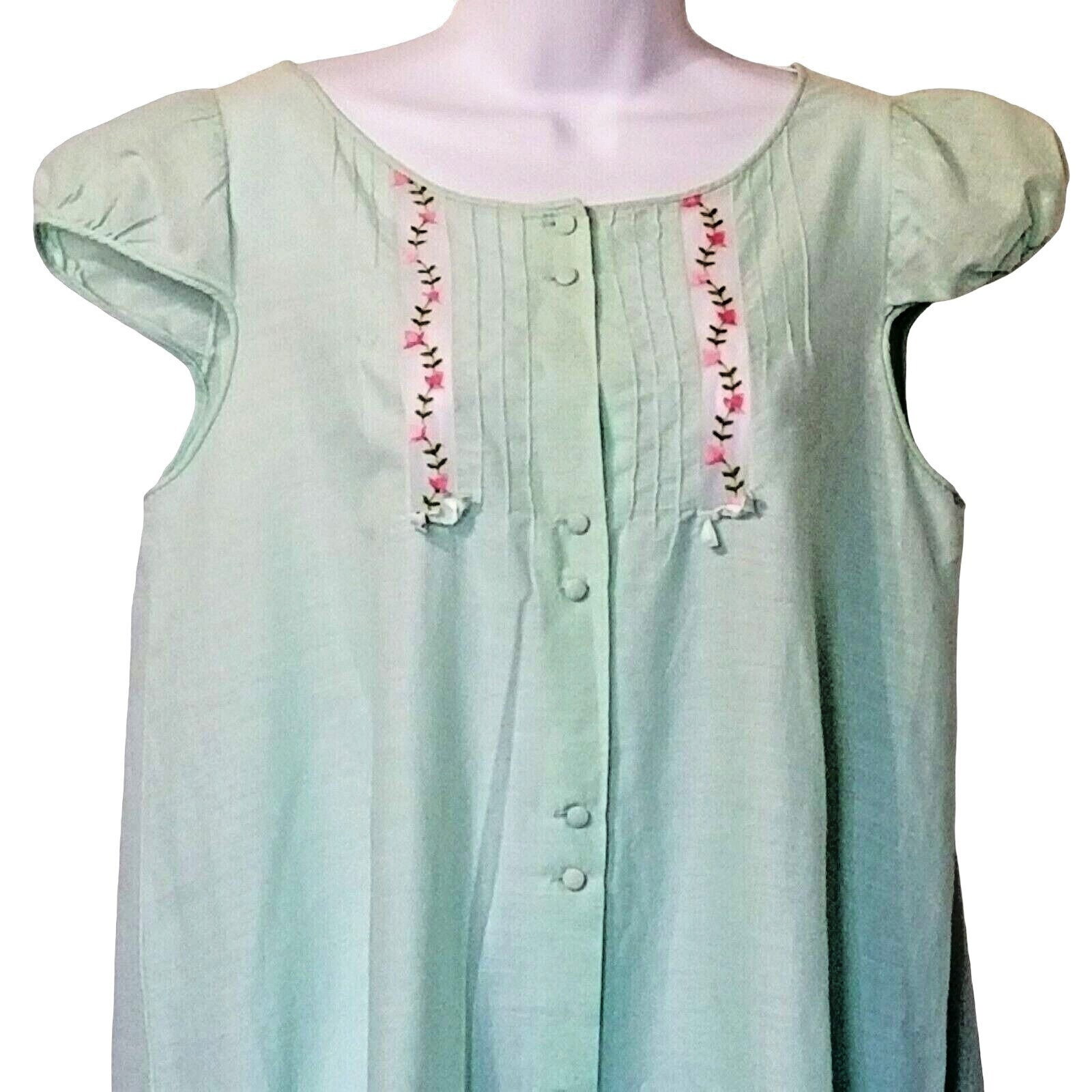 Vintage Nightgown Pale Green Knee Length Cotton Blend Lace Trim USA Embroidered