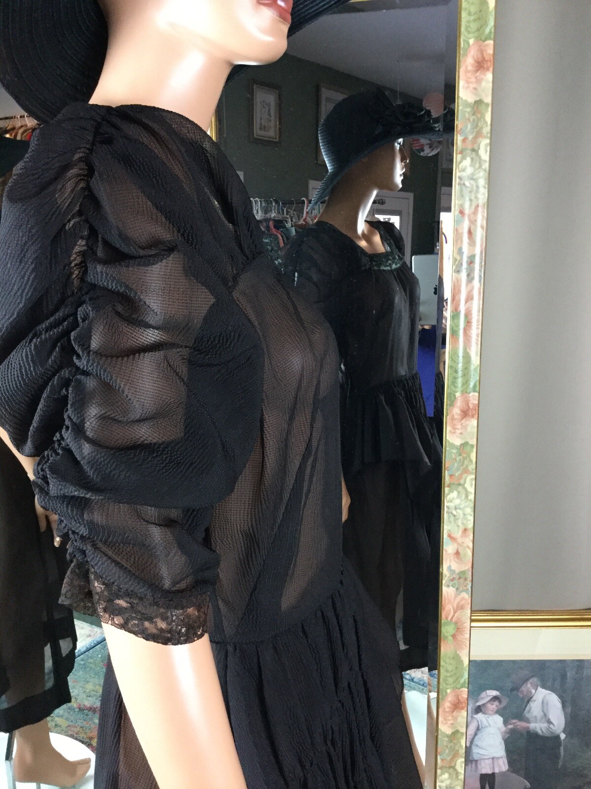 Vtg 20s Black Sheer Dress Sz 10 Layered Front Flapper Style Square Neck 36” Bust