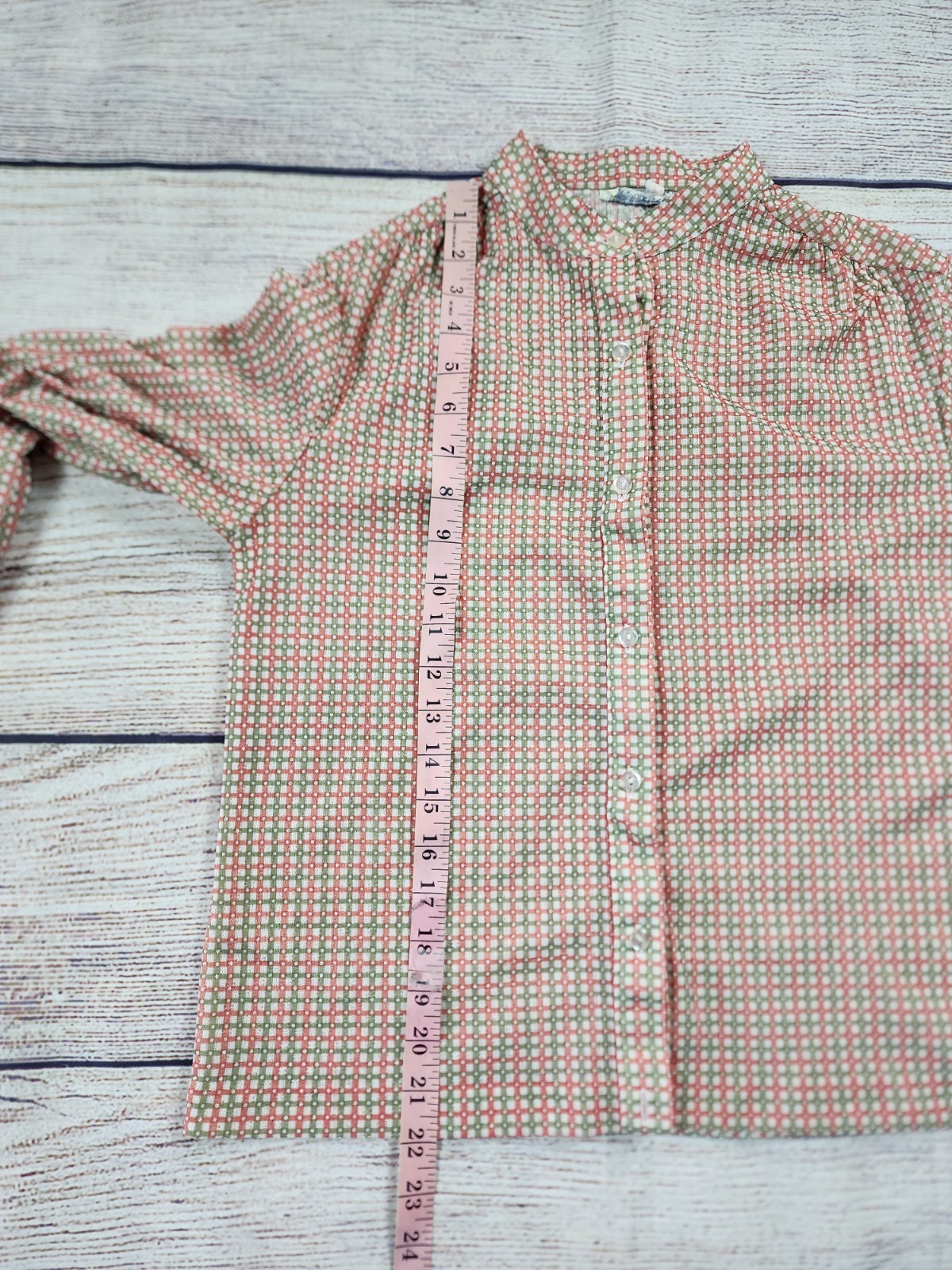 VTG 70s Sears Knit Boutique Large Green Pink Checkered Button Up Shirt Prairie