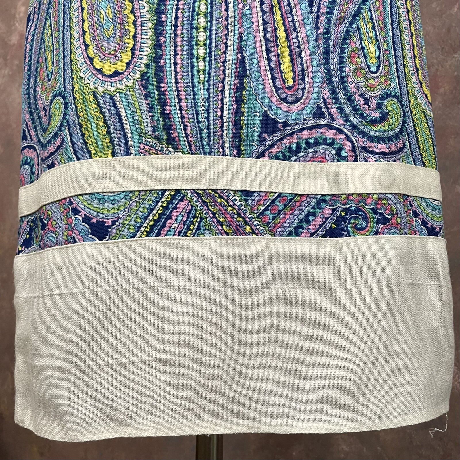 Paisley Shift Dress Vintage 1960s XS Sleeveless Blue Purple Yellow Handmade
