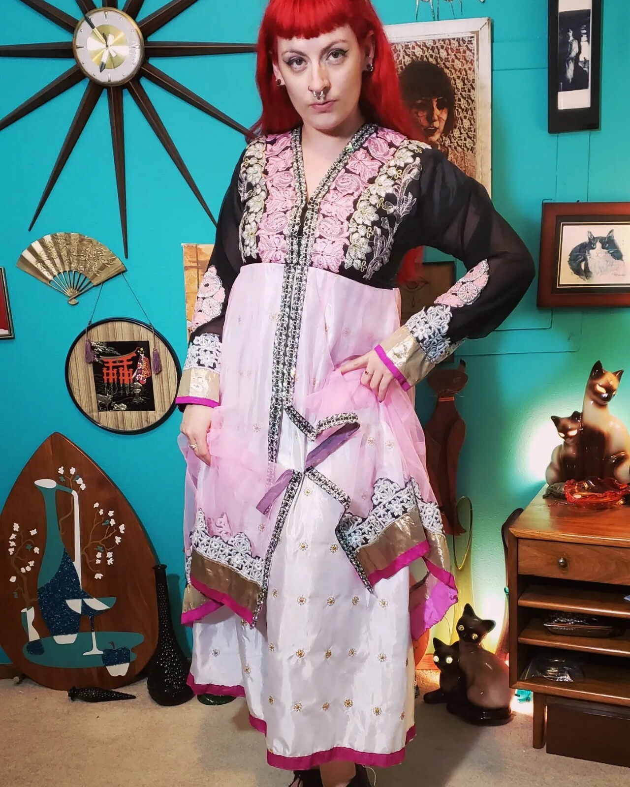 VTG Handmade Indian Black Pink Gold Empire Waist Organza Chiffon Dress