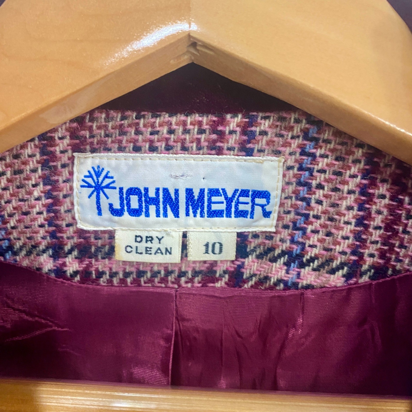 Vintage John Meyer 70s Plaid Wool Blazer Velvet Collar Double Breasted Pink 10