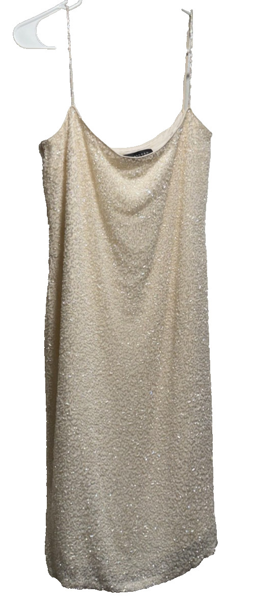 Vintage Allard Ellen Tracy White Silk Sparkly Beaded Mini Dress Formal Party