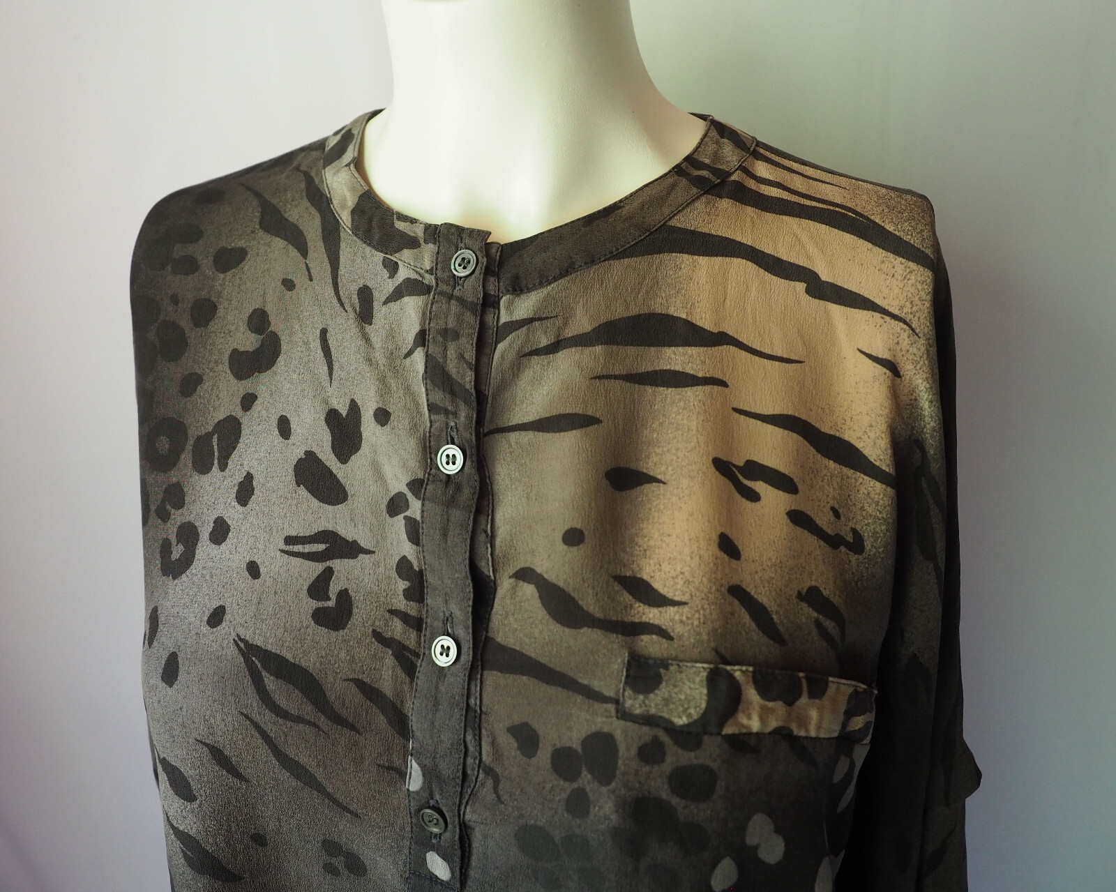 Vintage Escada West Germany Silk Blouse Animal Print Leopard Tiger Gray Beige